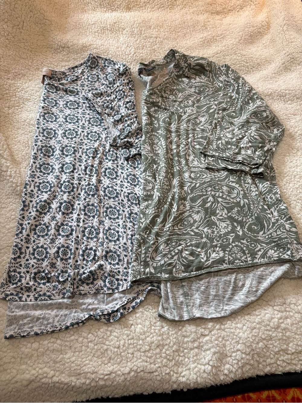 Two Printed Long Sleeve Tunics - Sage Green & Blue Floral